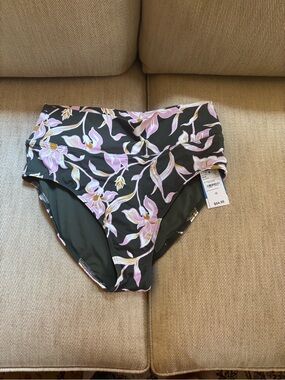 High-Waist Floral Bikini Bottoms in Black and Lavender - Women